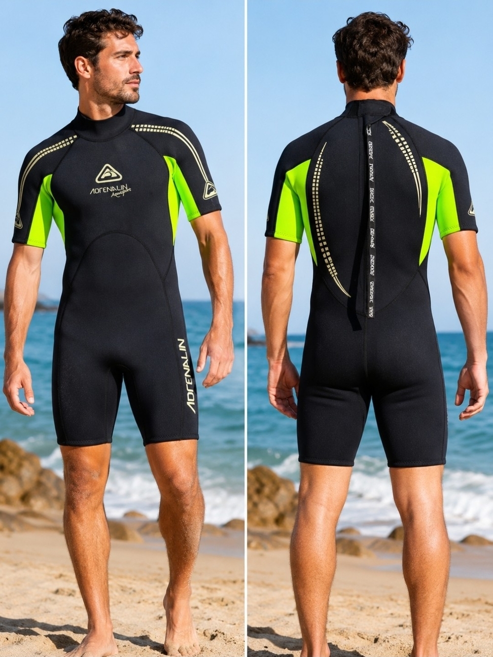 Adrenalin Aquasport Shorty Wetsuit Adult Small Black Neon Green Surf Dive Swim